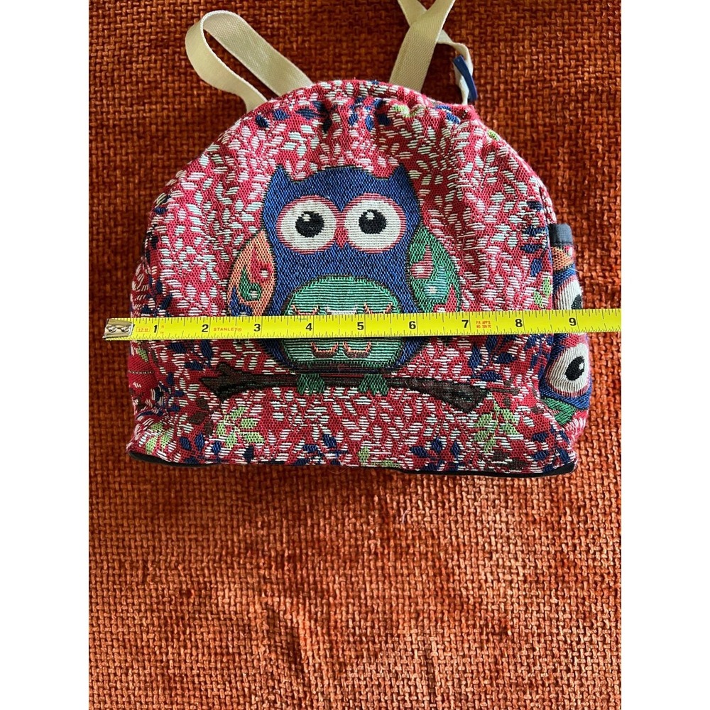 Vintage Whimsy Owl Tapestry Mini Backpack Red Floral Boho Woven Small Rucksack - Picture 5 of 13